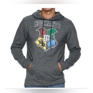 Harry Potter Hogwarts Crest Pullover Hoodie Front Pocket. Dark Gray Medium